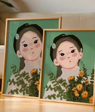 Illustration of a girl with flowers and a beret on a green background