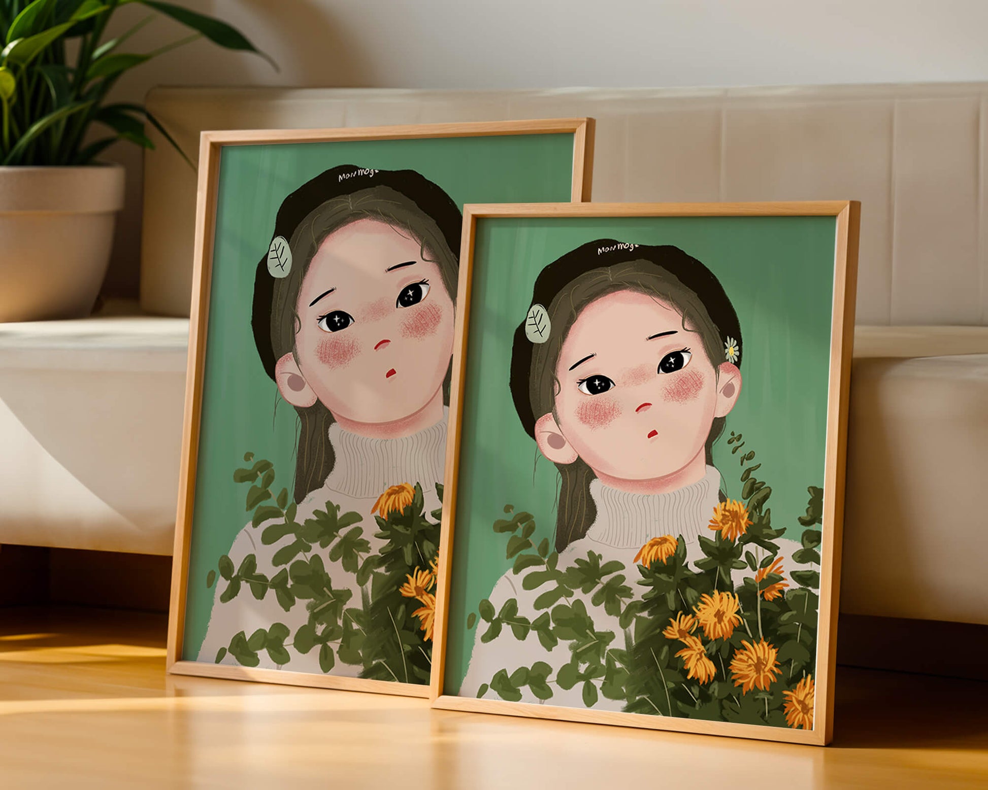 Illustration of a girl with flowers and a beret on a green background