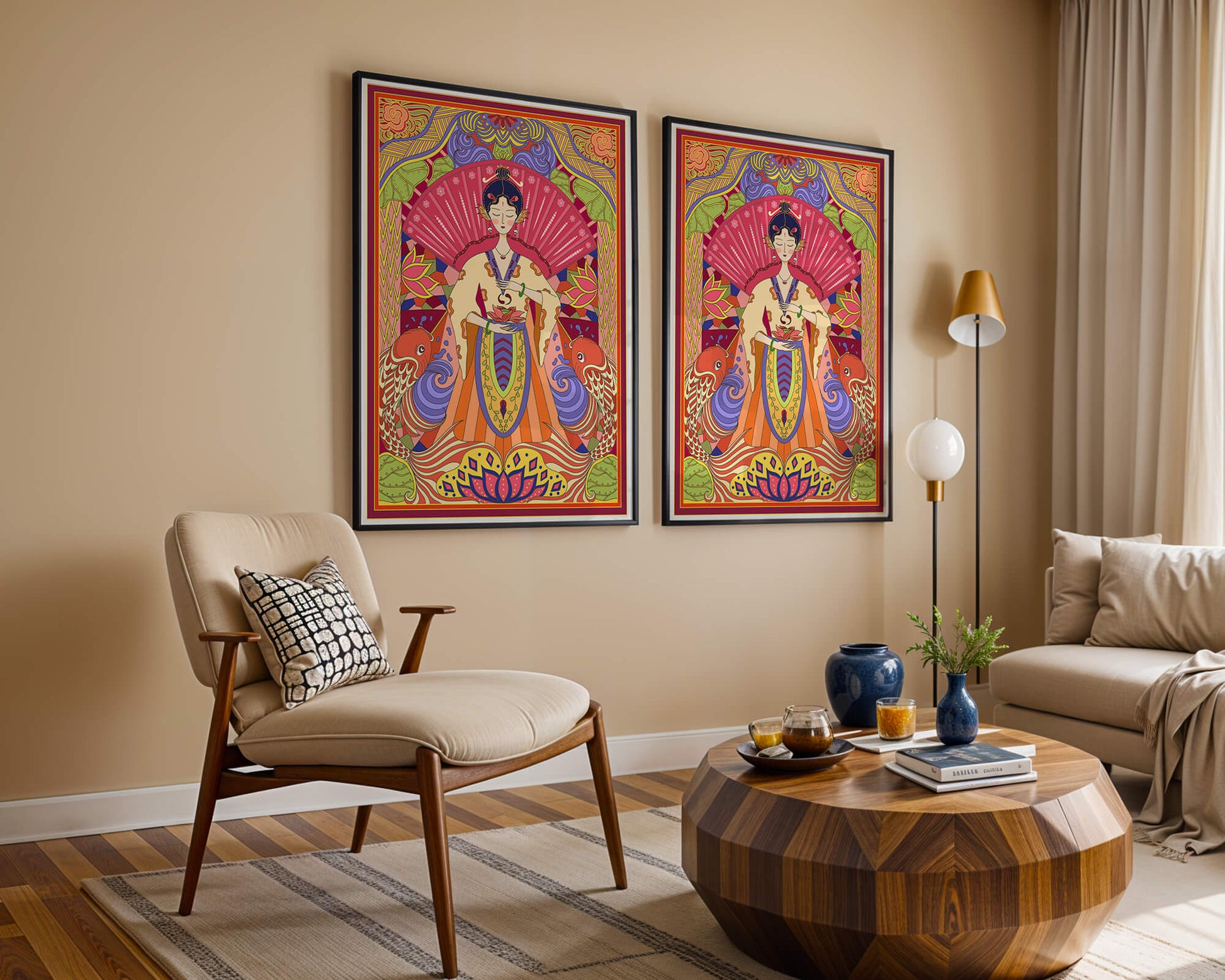 Ilustración oriental colorida con motivos de peces koi y loto