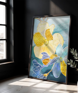 Abstract Floral Art with Golden Accents on Blue Background