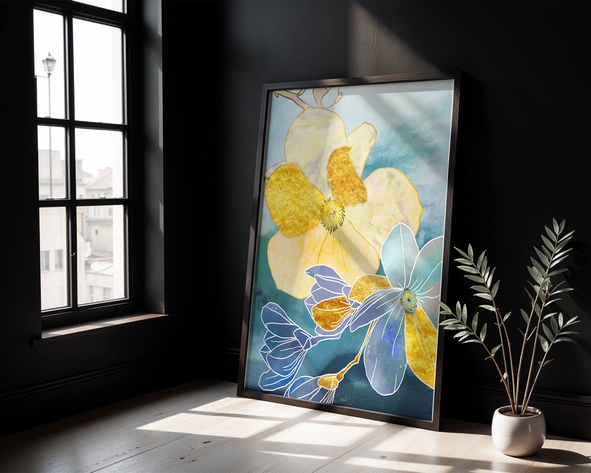 Arte floral abstracto con acentos dorados sobre fondo azul