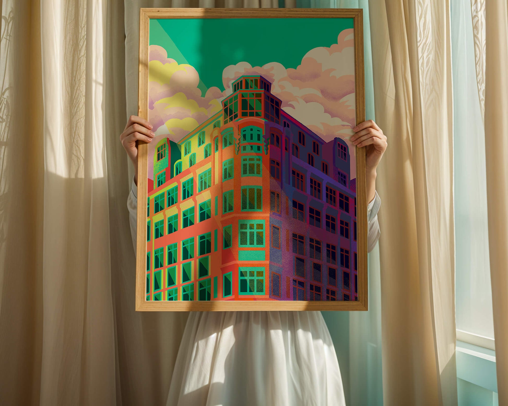 Colorful geometric building with vibrant sky