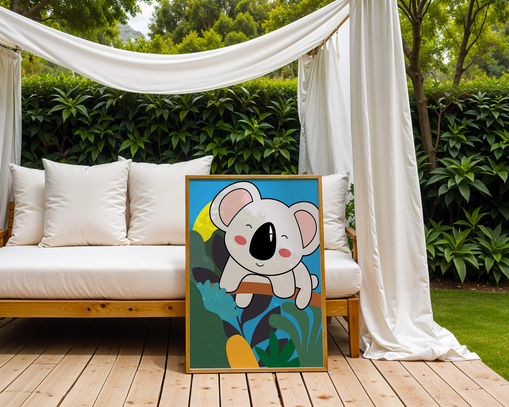 Charming illustrated koala on a branch with vibrant background