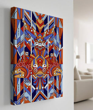 Arte tribal geométrico con colores vibrantes y patrones simétricos