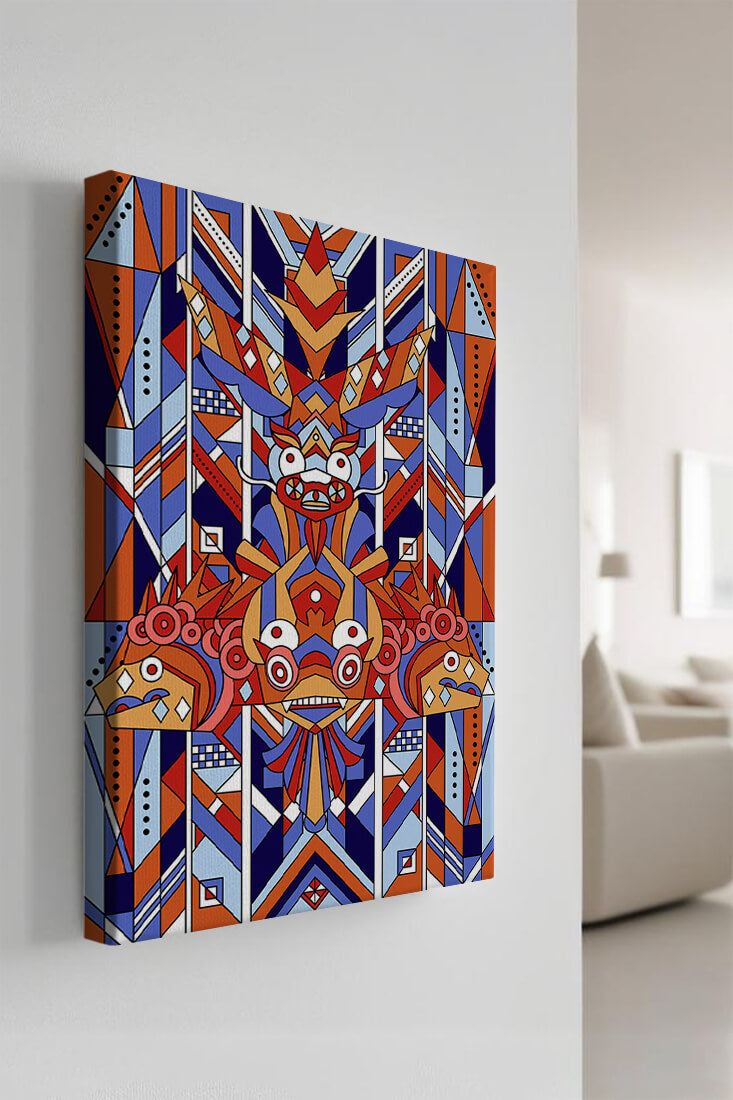 Arte tribal geométrico con colores vibrantes y patrones simétricos