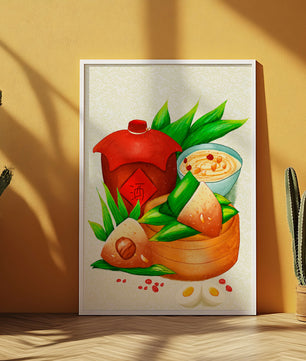 Illustrated traditional Chinese food with zongzi and rice wine
