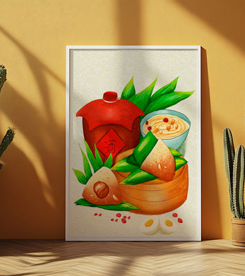 Illustrated traditional Chinese food with zongzi and rice wine
