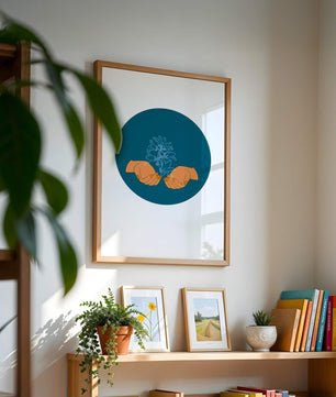 Illustration of Hands Holding a Plant with Teal Background