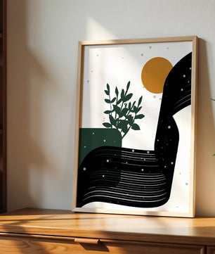 L'œuvre d'art abstraite de la nature avec une silhouette de plante et des formes géométriques
