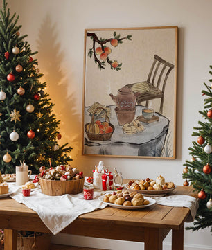 Peinture à l’aquarelle d’un moment de dégustation de thé avec des fruits et une chaise en bois