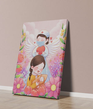 Escena ilustrada de un ángel de la salud con un niño y flores