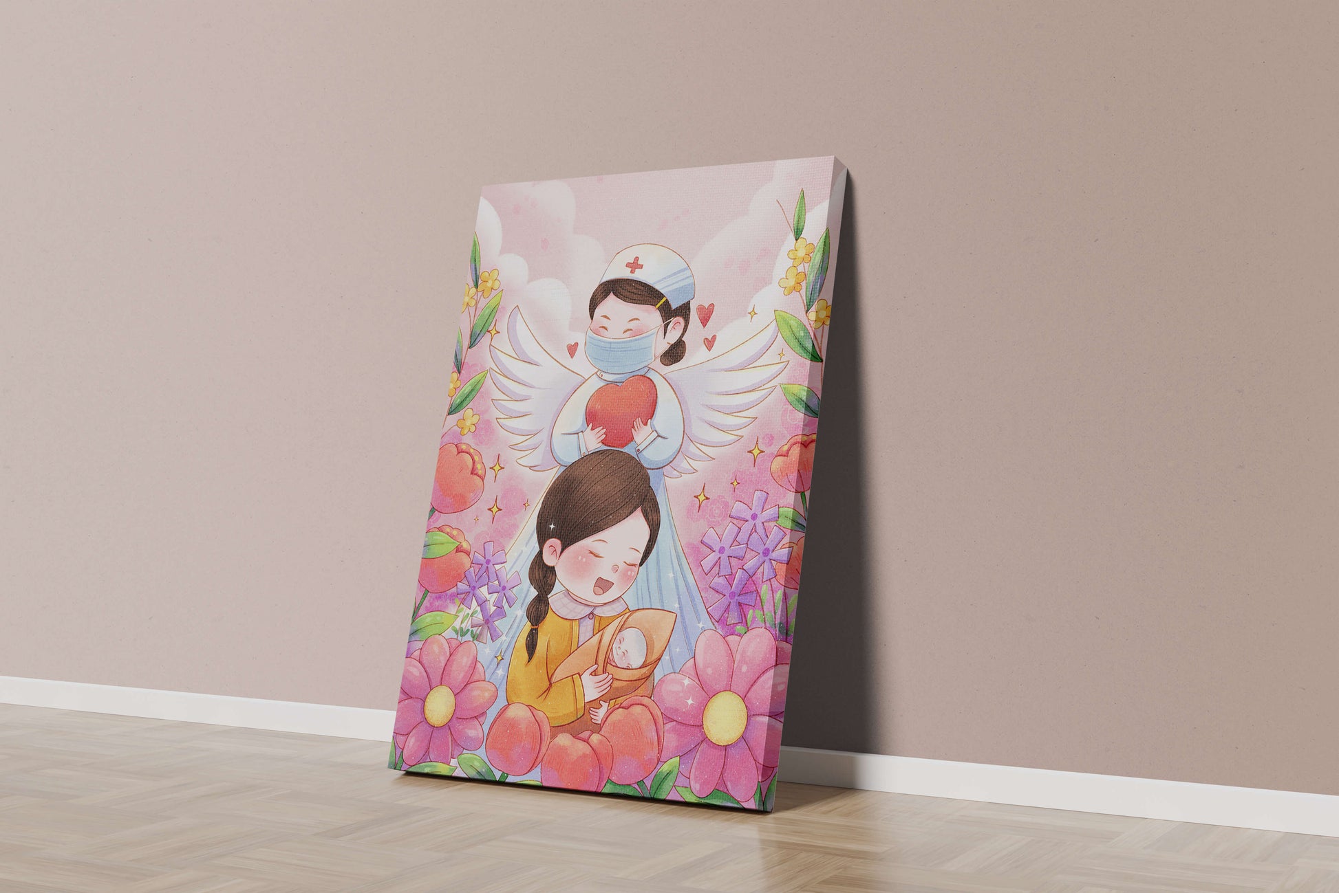 Illustrated scene of healthcare angel with child and flowers