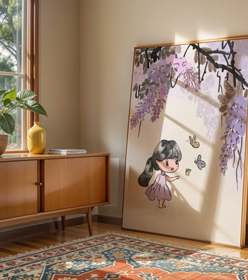 Charming illustration of a little girl with butterflies and wisteria flowers