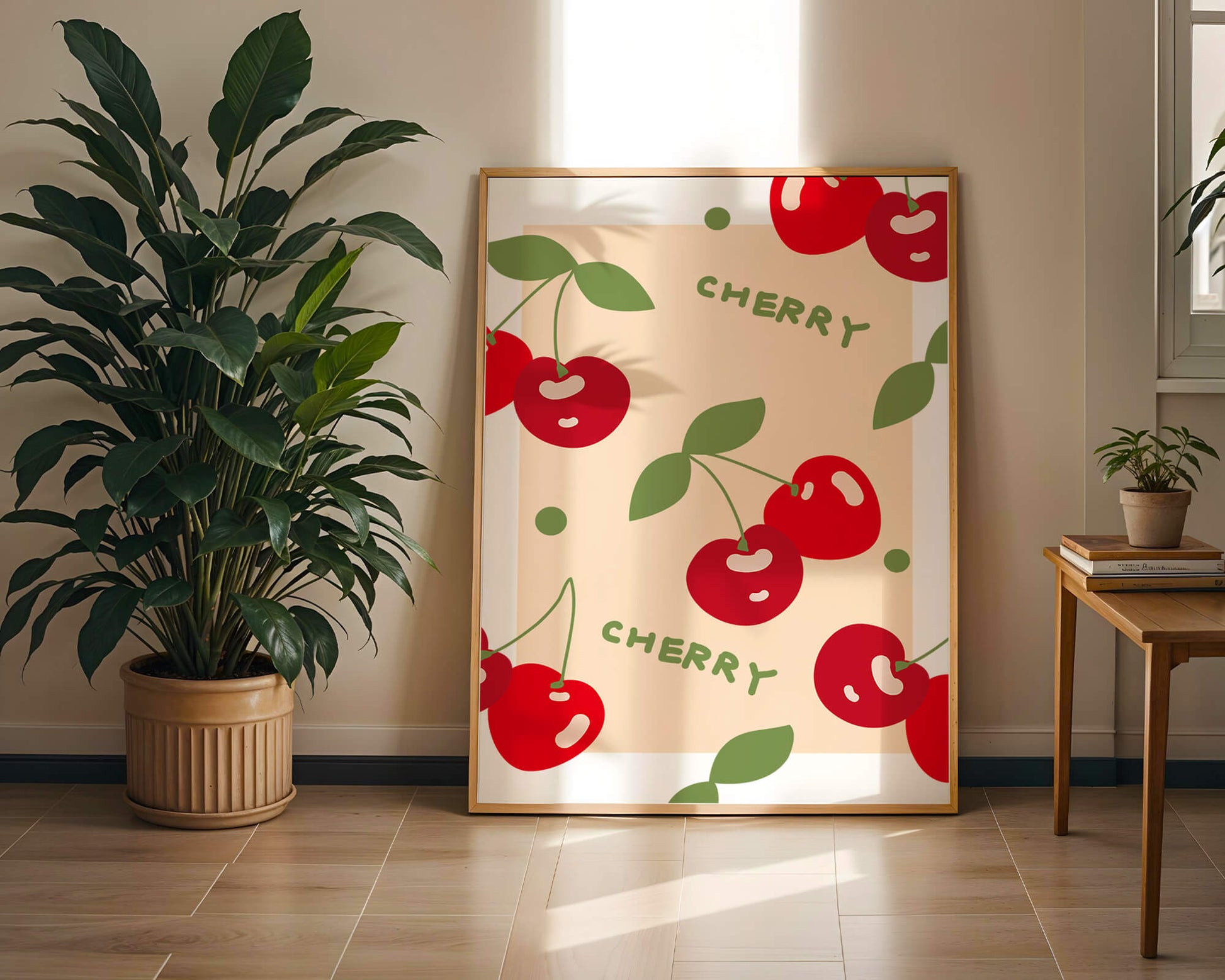 Cherry pattern on black background with green leaves