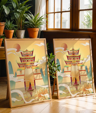 Ancient temple with serene landscape and vibrant colors artwork