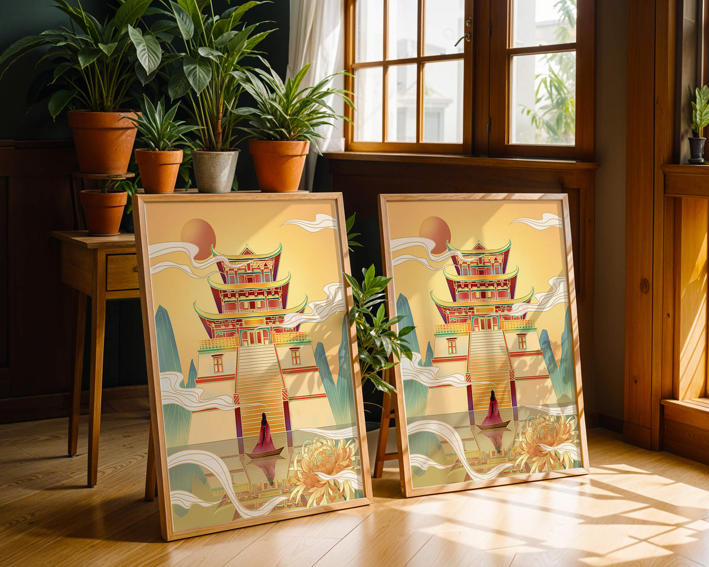 Ancient temple with serene landscape and vibrant colors artwork