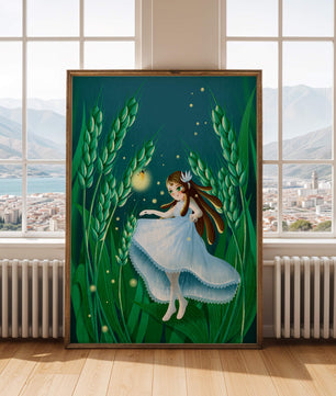 Enchanting fairy in magical wheat field at night