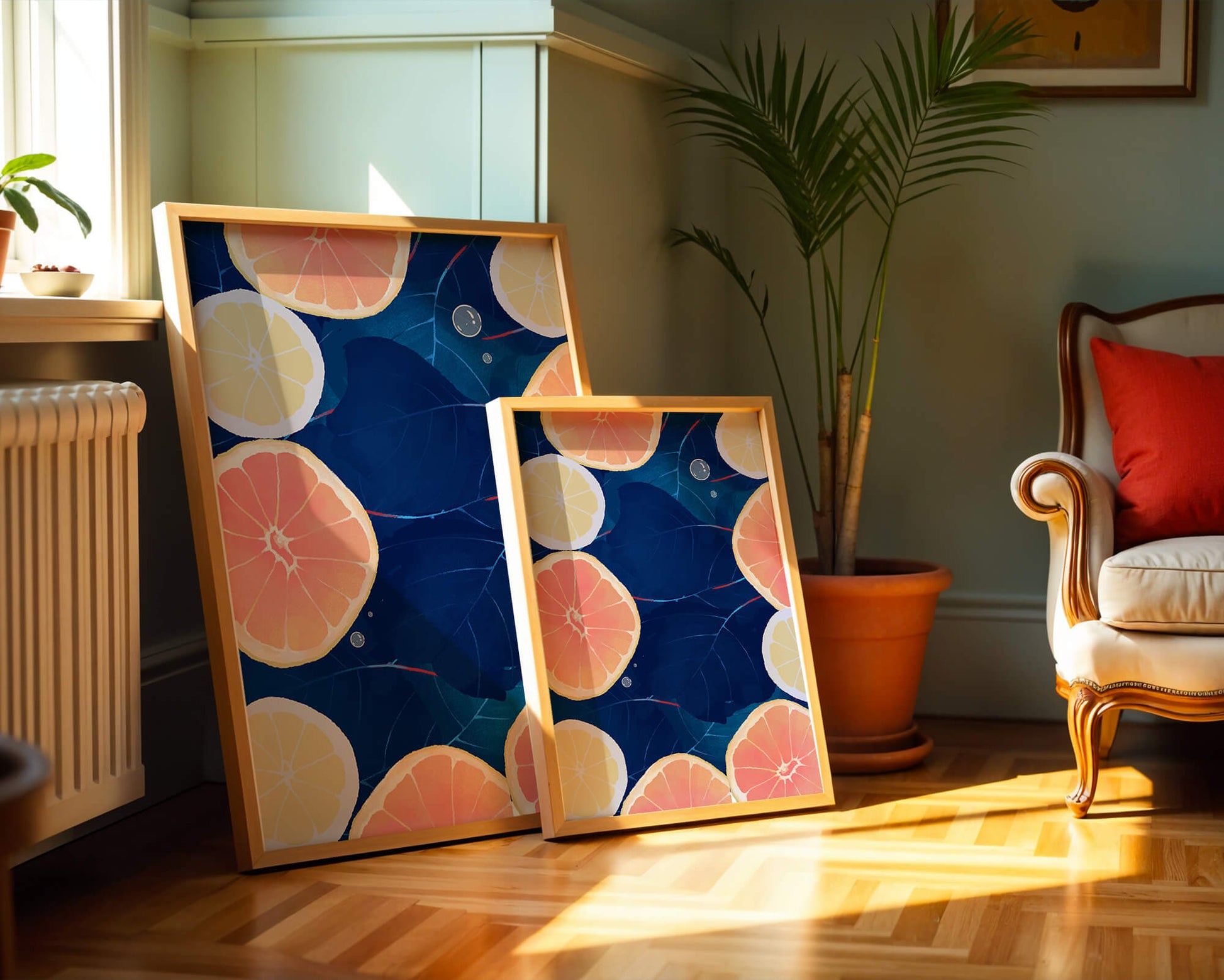 Frutas cítricas coloridas sobre fondo oscuro de hojas