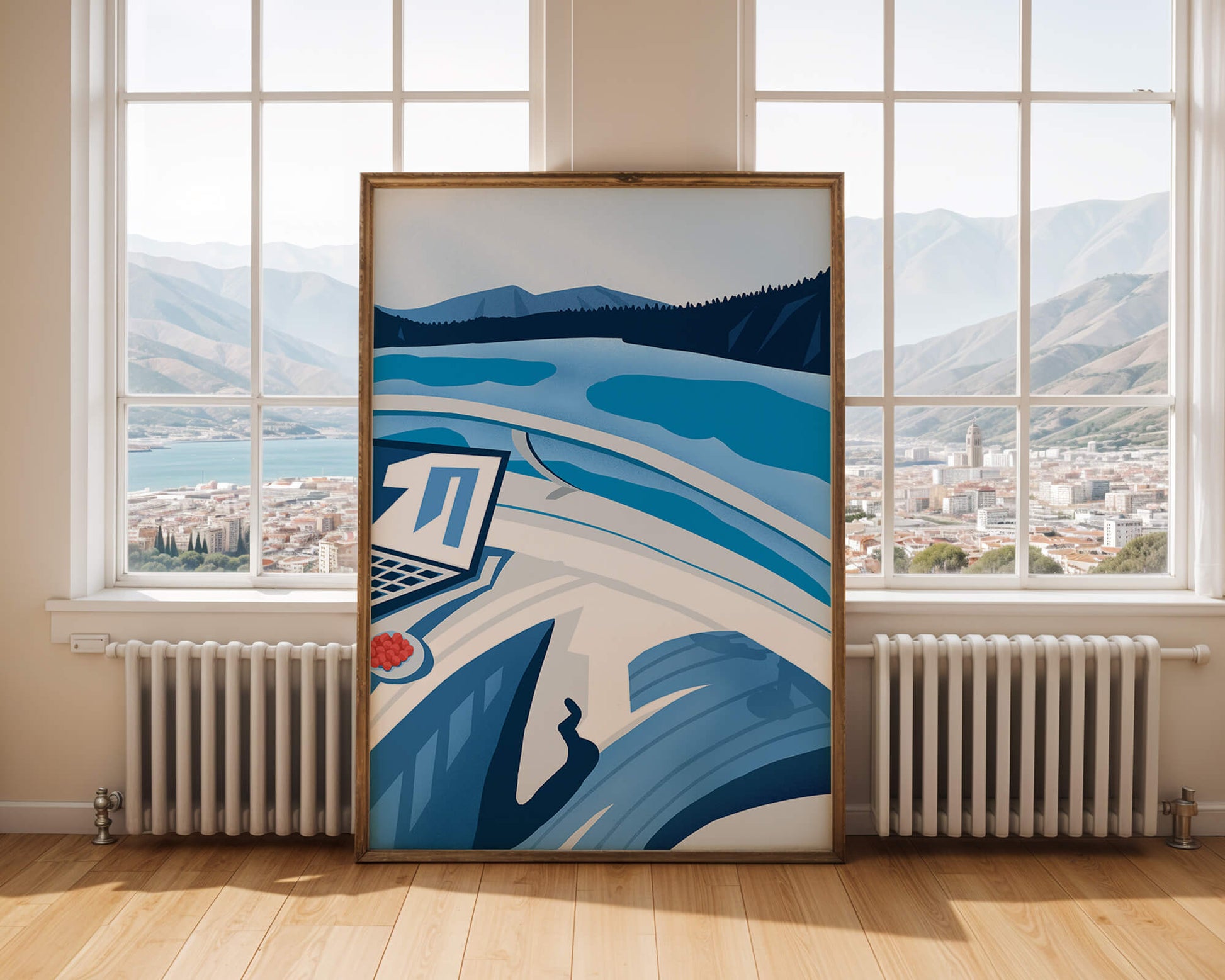 Modern Laptop and Scenic Lake View Illustration
