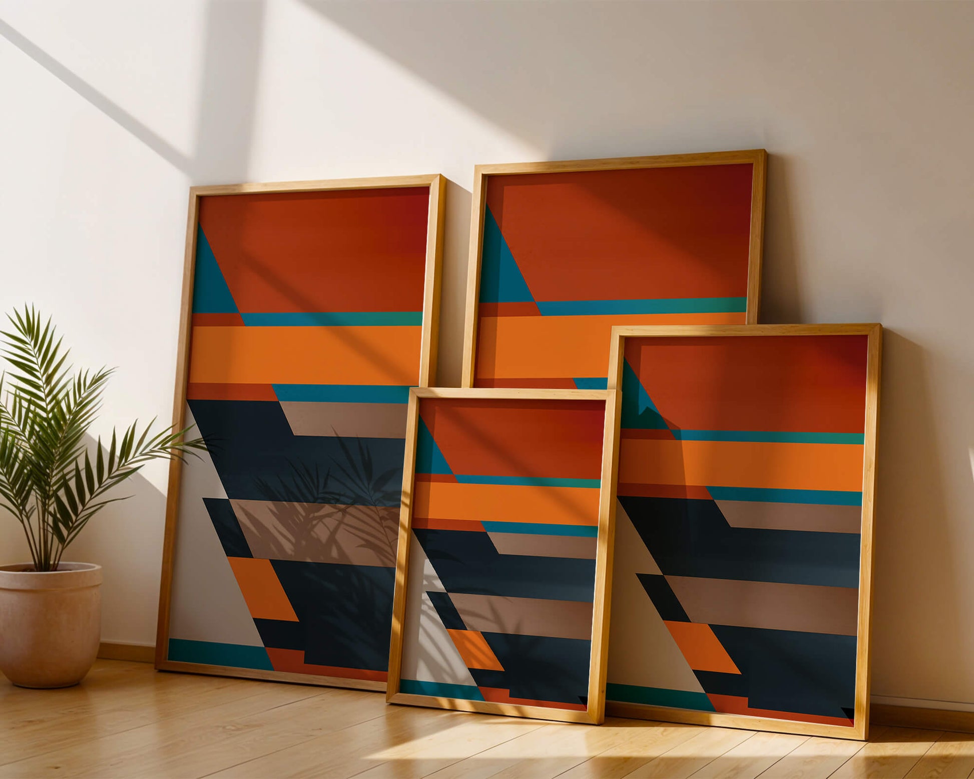 Arte abstracto geométrico con colores llamativos y formas dinámicas