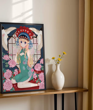 Chica anime elegante con atuendo tradicional y detalles florales y de grulla