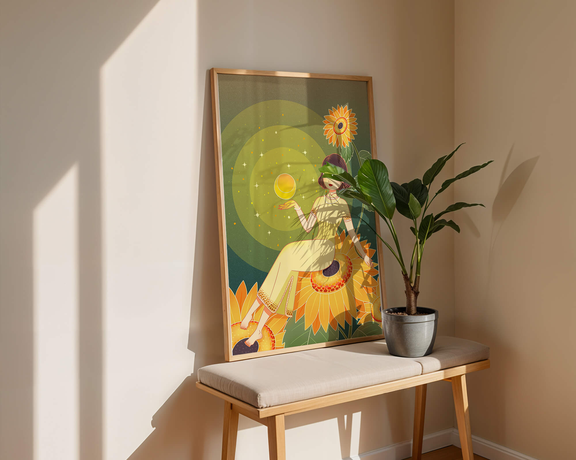Elegant illustration of a woman on sunflowers with glowing orb