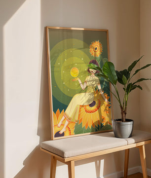 Elegant illustration of a woman on sunflowers with glowing orb