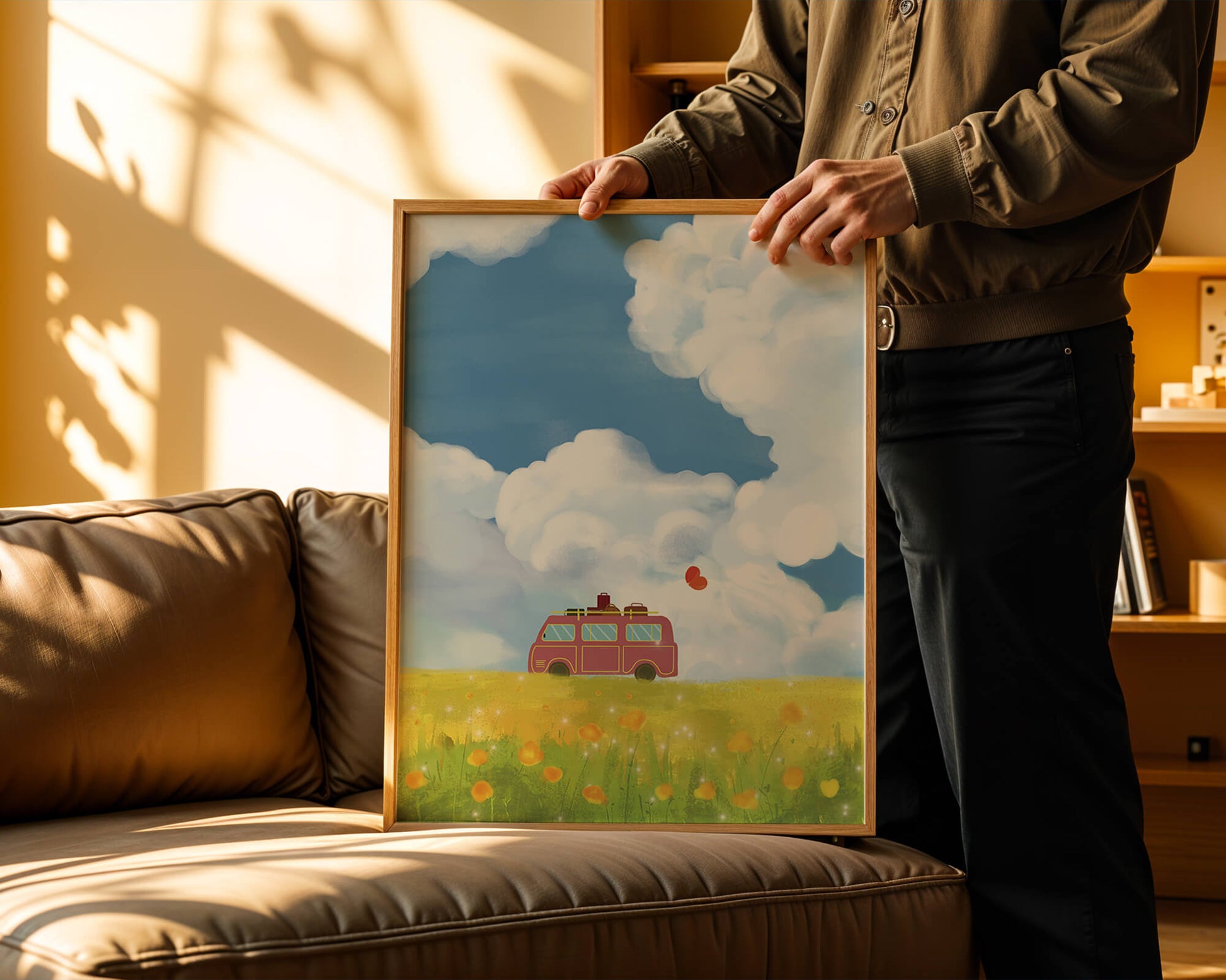 Colorful Van in a Vibrant Field with Balloons and Luggage