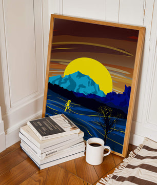 Paisaje surrealista con una puesta de sol vibrante y silueta