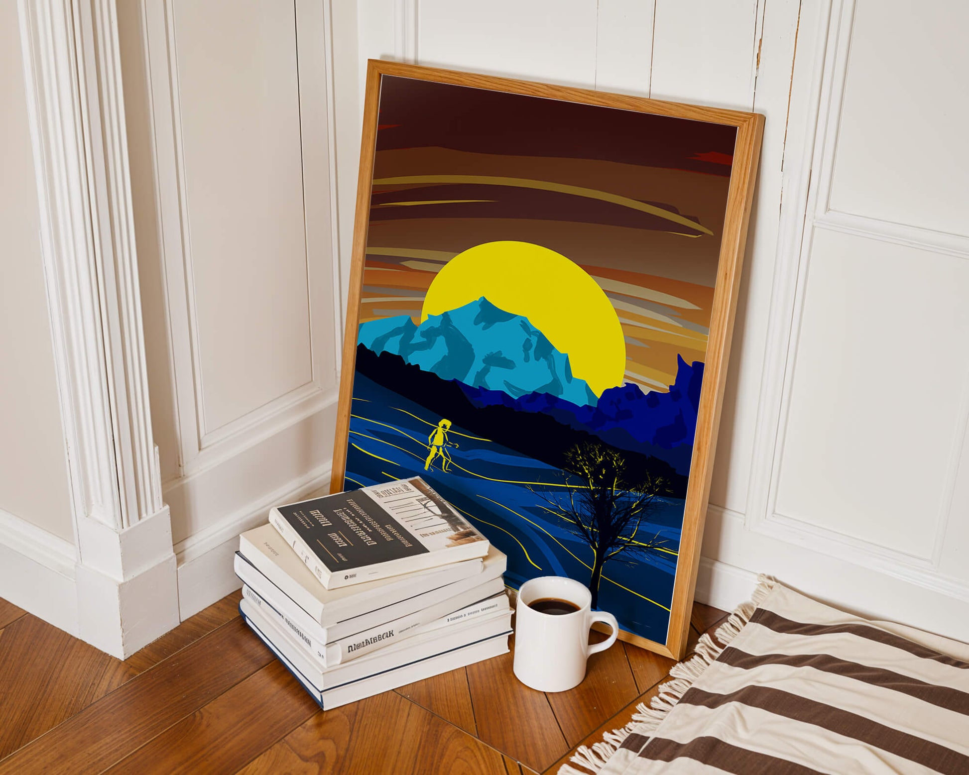 Surreal landscape with a vibrant sunset and silhouette