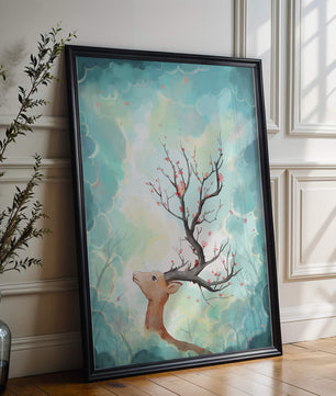 Ciervo surrealista con ramas como cuernos sobre fondo nublado en tonos pastel