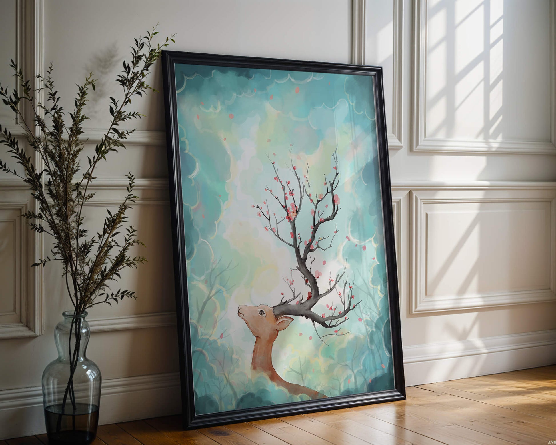 Surreal deer with branches for antlers in a pastel cloudy background