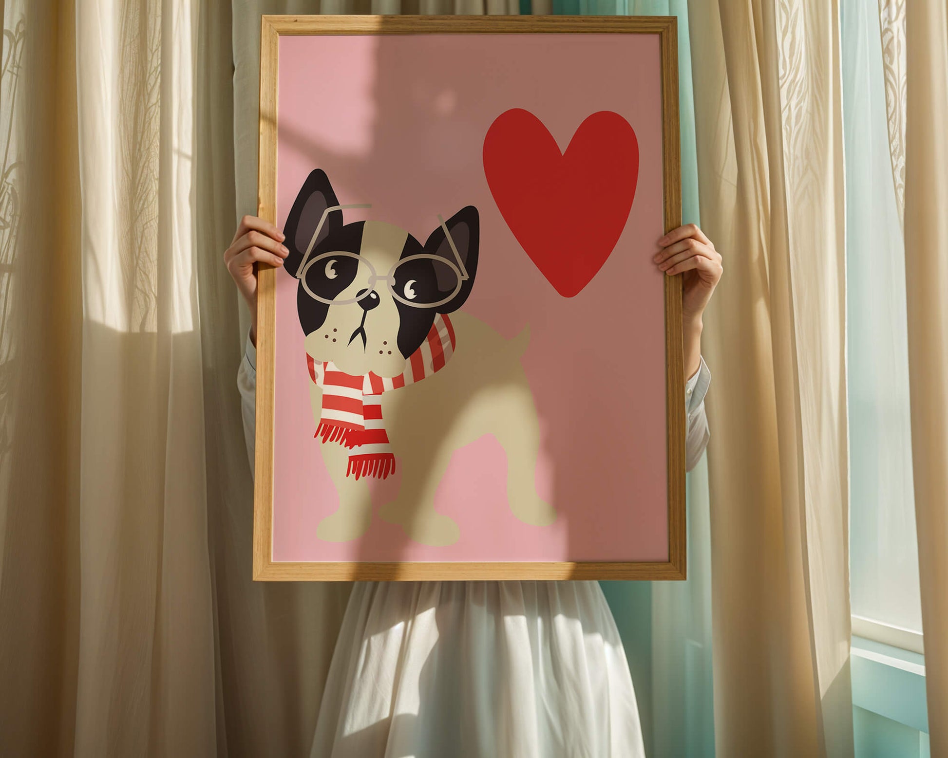 Ilustración lúdica de un bulldog francés con gafas y bufanda sobre fondo rosa con corazón