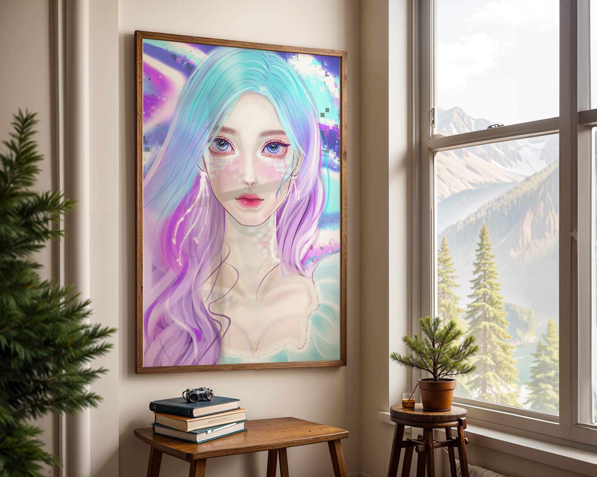 Fantasy portrait of a woman with pastel hair and vibrant features