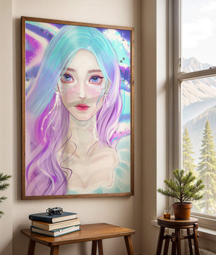 Fantasy portrait of a woman with pastel hair and vibrant features