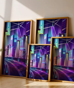 Futuristic Neon Cityscape with Illuminated Skyscrapers and Curved Road