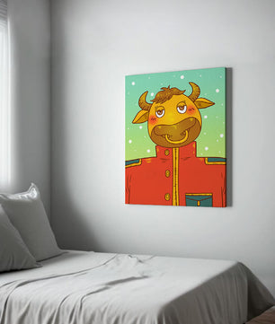 Cartoon cow character in a red coat against a snowy background