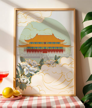 Traditional Asian palace illustration with floral and cloud motifs