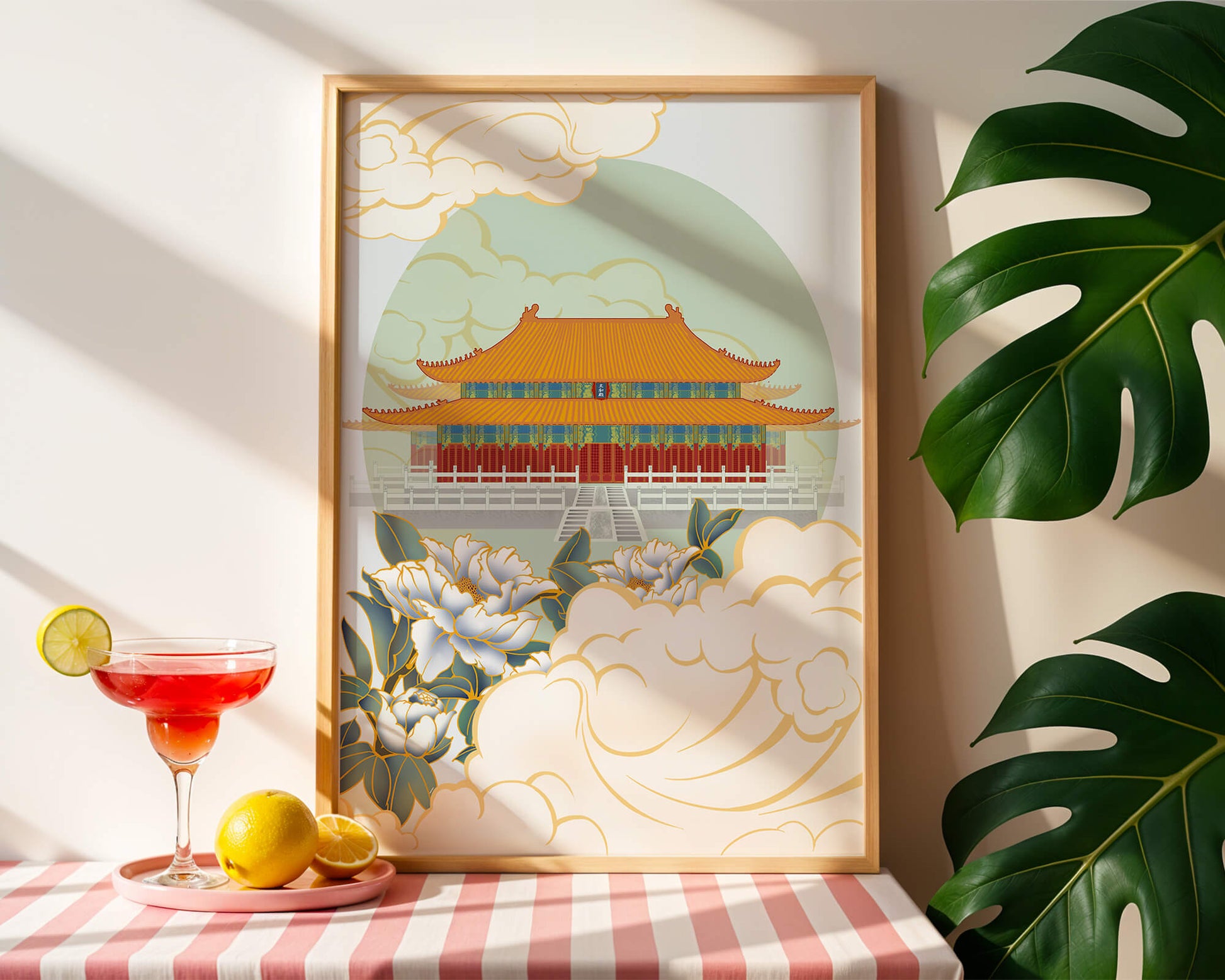 Traditional Asian palace illustration with floral and cloud motifs
