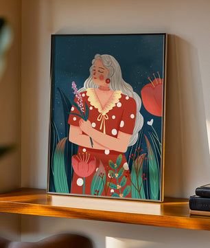 Serene illustration of a woman with flowers under a starry night sky