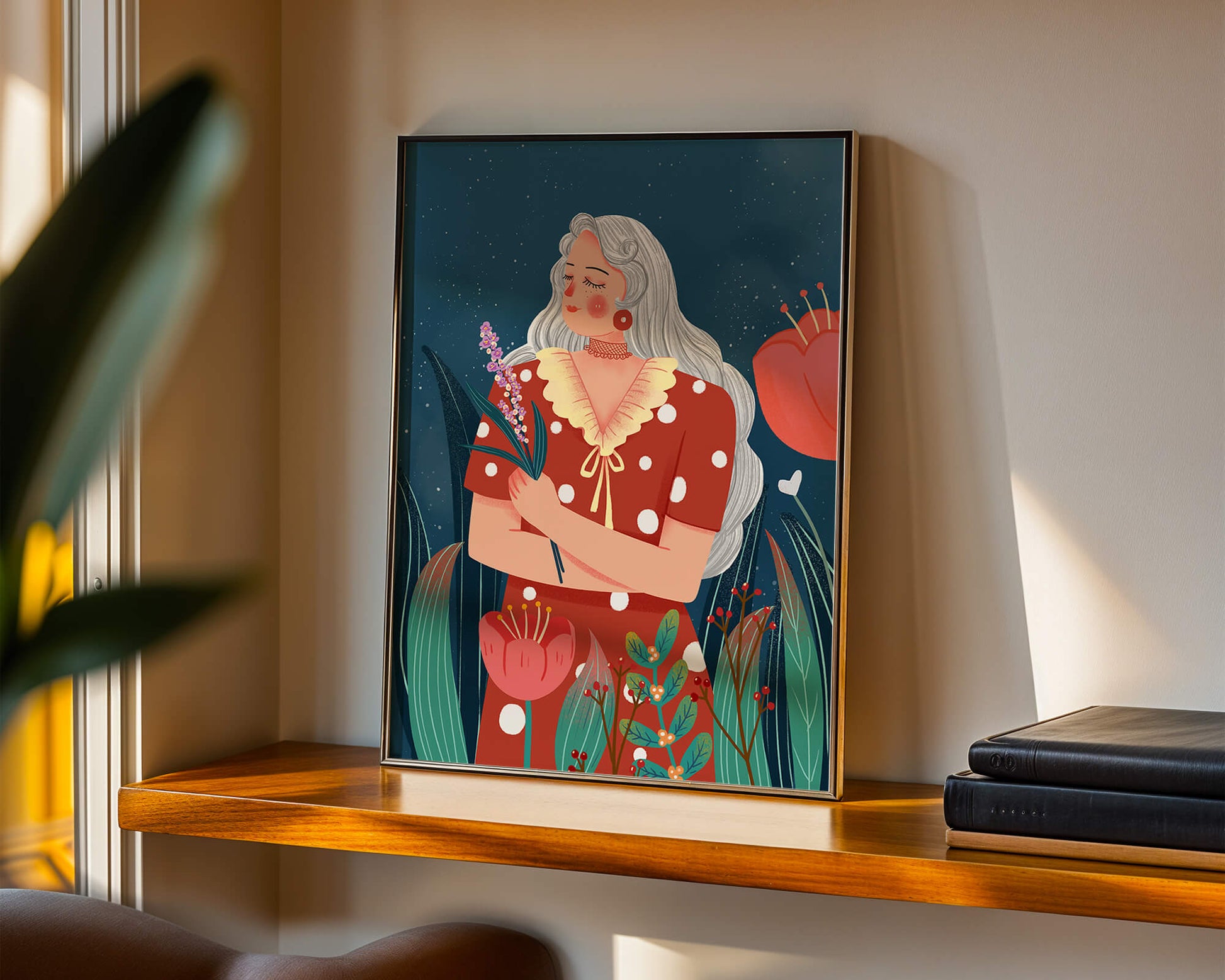 Serene illustration of a woman with flowers under a starry night sky