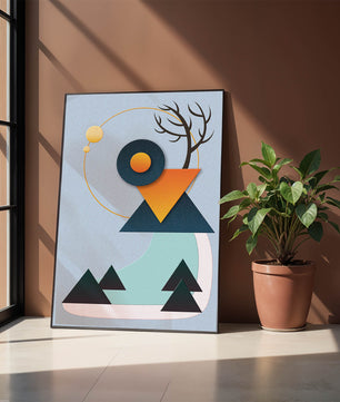 Abstract Geometric Landscape with Mountain and Sun - Mi tienda