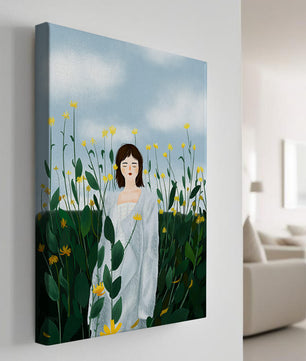 Femme en manteau blanc parmi les fleurs jaunes