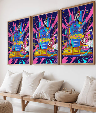 Ilustración temática vibrante de música rock con instrumentos y artistas