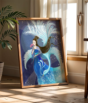 Elegant woman with floral motif and ethereal bird illustration