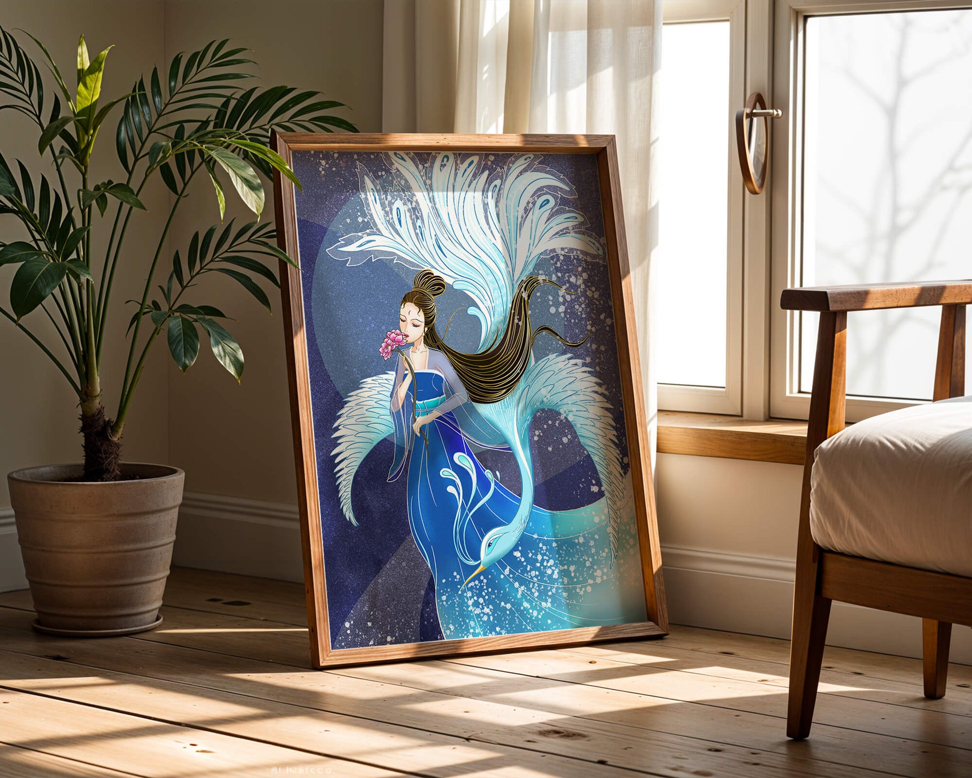 Elegant woman with floral motif and ethereal bird illustration