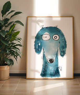 Illustration fantaisiste d’un chien bleu aux traits expressifs