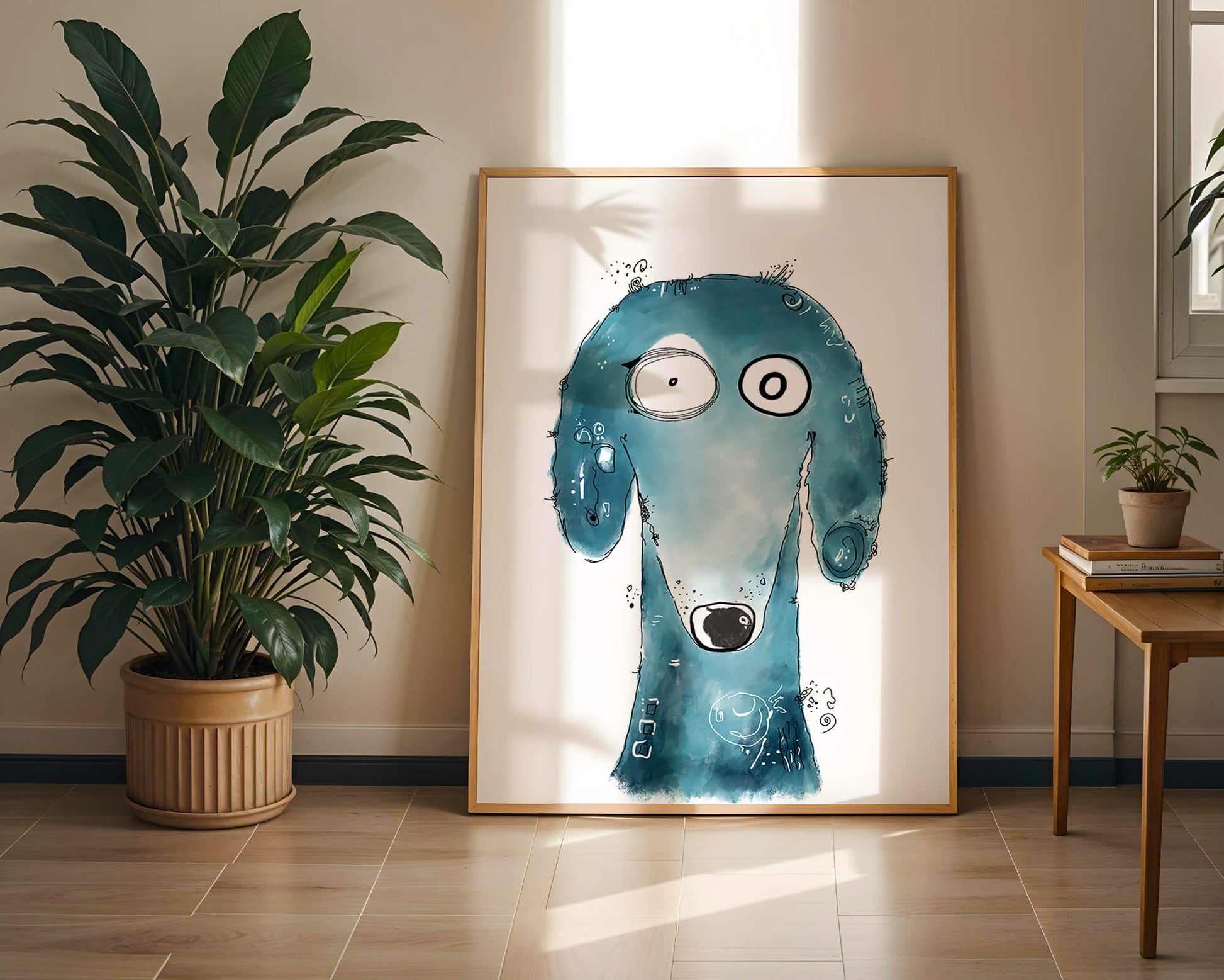 Whimsical blue dog illustration with expressive features