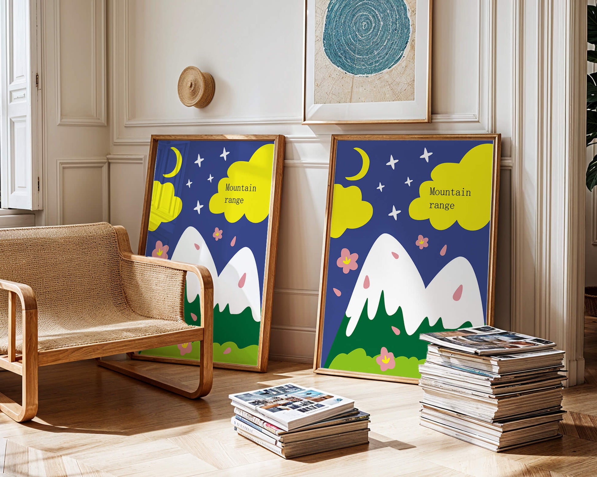 Stylized mountain landscape with starry night background and vibrant clouds