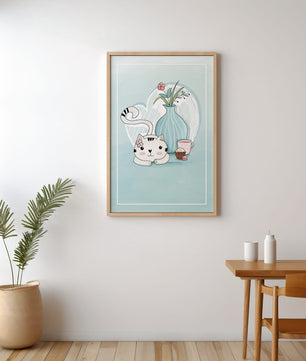Cute Cat with Flowers, Cup, and Vase on Blue Background - Mi tienda